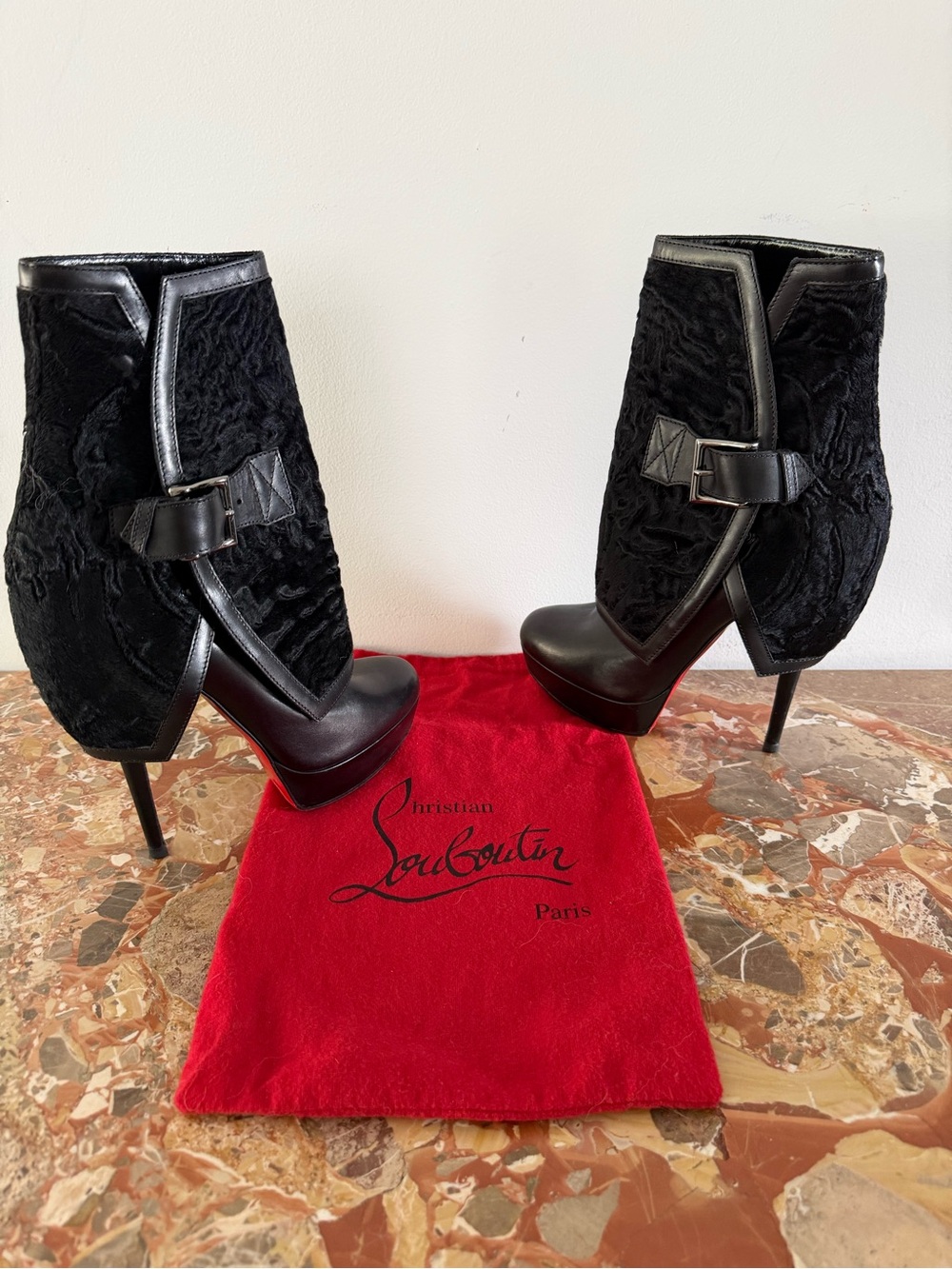Christian Louboutin Black Leather & Velvet Stiletto Ankle Boots